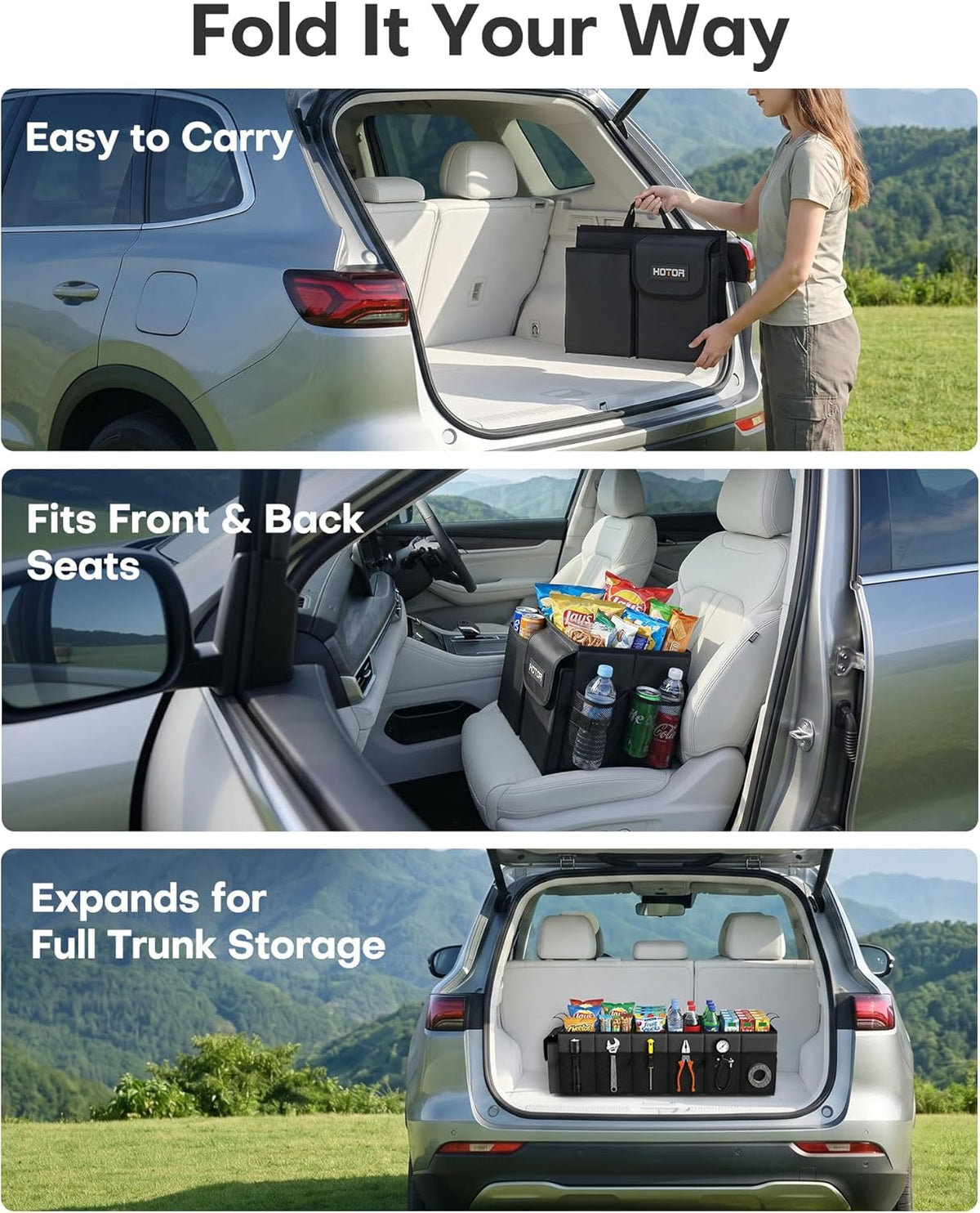 Trunk Organizer, Sturdy Foldable with Cooler for Car, Sudan & SUV | Car Organizers and Storage, Detachable Cooler Bag, for Tools, Camping, 3 Compartments, Black, 31.5” X 12.6” X 10.6”