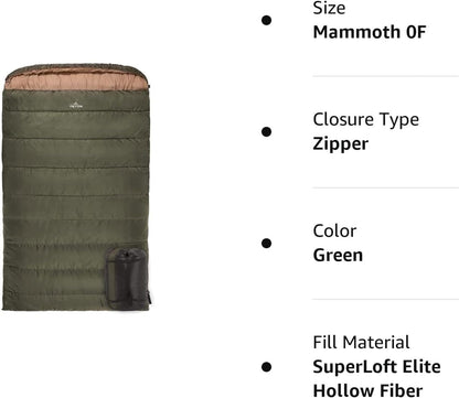 Teton Mammoth Queen Size Double Sleeping Bag- a Warm Bag the Whole Family Can Enjoy – Great for Camping, Hunting and Base Camp. Compression Sack Included