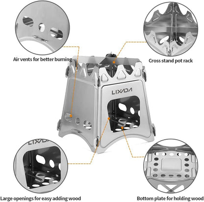 Camping Wood Stove Folding Lightweight Stainless Steel Wood Burning Stoves Portable Backpacking Stove for Outdoor Camping Hiking Backpacking Picnic Hunting BBQ