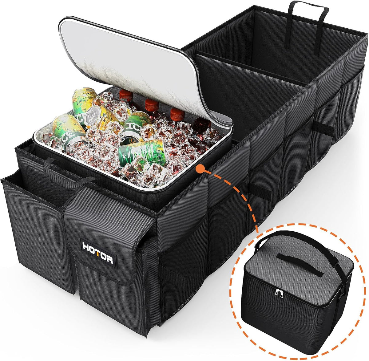 Trunk Organizer, Sturdy Foldable with Cooler for Car, Sudan & SUV | Car Organizers and Storage, Detachable Cooler Bag, for Tools, Camping, 3 Compartments, Black, 31.5” X 12.6” X 10.6”