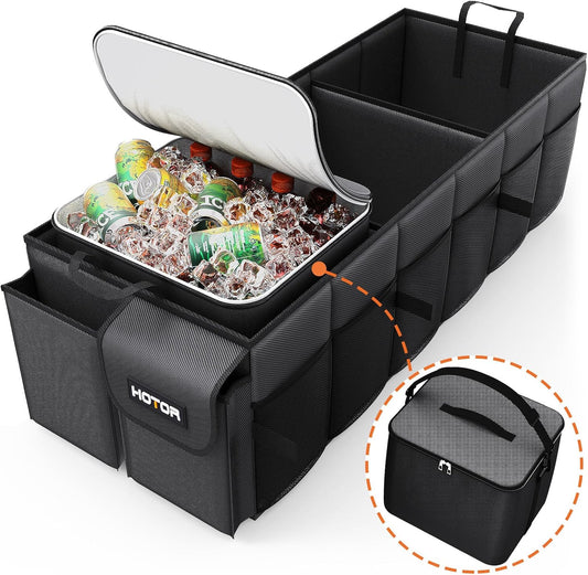 Trunk Organizer, Sturdy Foldable with Cooler for Car, Sudan & SUV | Car Organizers and Storage, Detachable Cooler Bag, for Tools, Camping, 3 Compartments, Black, 31.5” X 12.6” X 10.6”