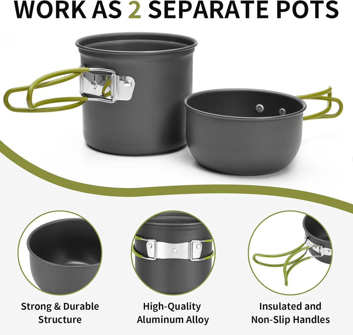 8Pcs Camping Cooking Set for 1-2 People with Pot Cutlery Stove Stand | Lightweight Aluminum Nonstick Cookware, Folding Handles, Nesting Design, Portable for Camping, Picnic, Hiking, Backpacking