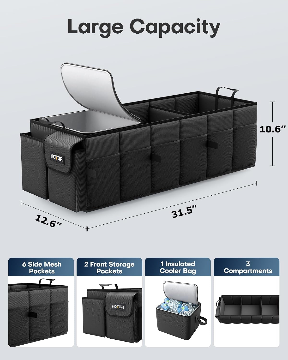 Trunk Organizer, Sturdy Foldable with Cooler for Car, Sudan & SUV | Car Organizers and Storage, Detachable Cooler Bag, for Tools, Camping, 3 Compartments, Black, 31.5” X 12.6” X 10.6”