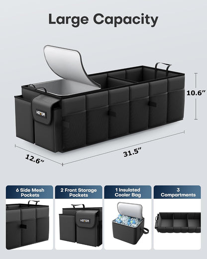 Trunk Organizer, Sturdy Foldable with Cooler for Car, Sudan & SUV | Car Organizers and Storage, Detachable Cooler Bag, for Tools, Camping, 3 Compartments, Black, 31.5” X 12.6” X 10.6”