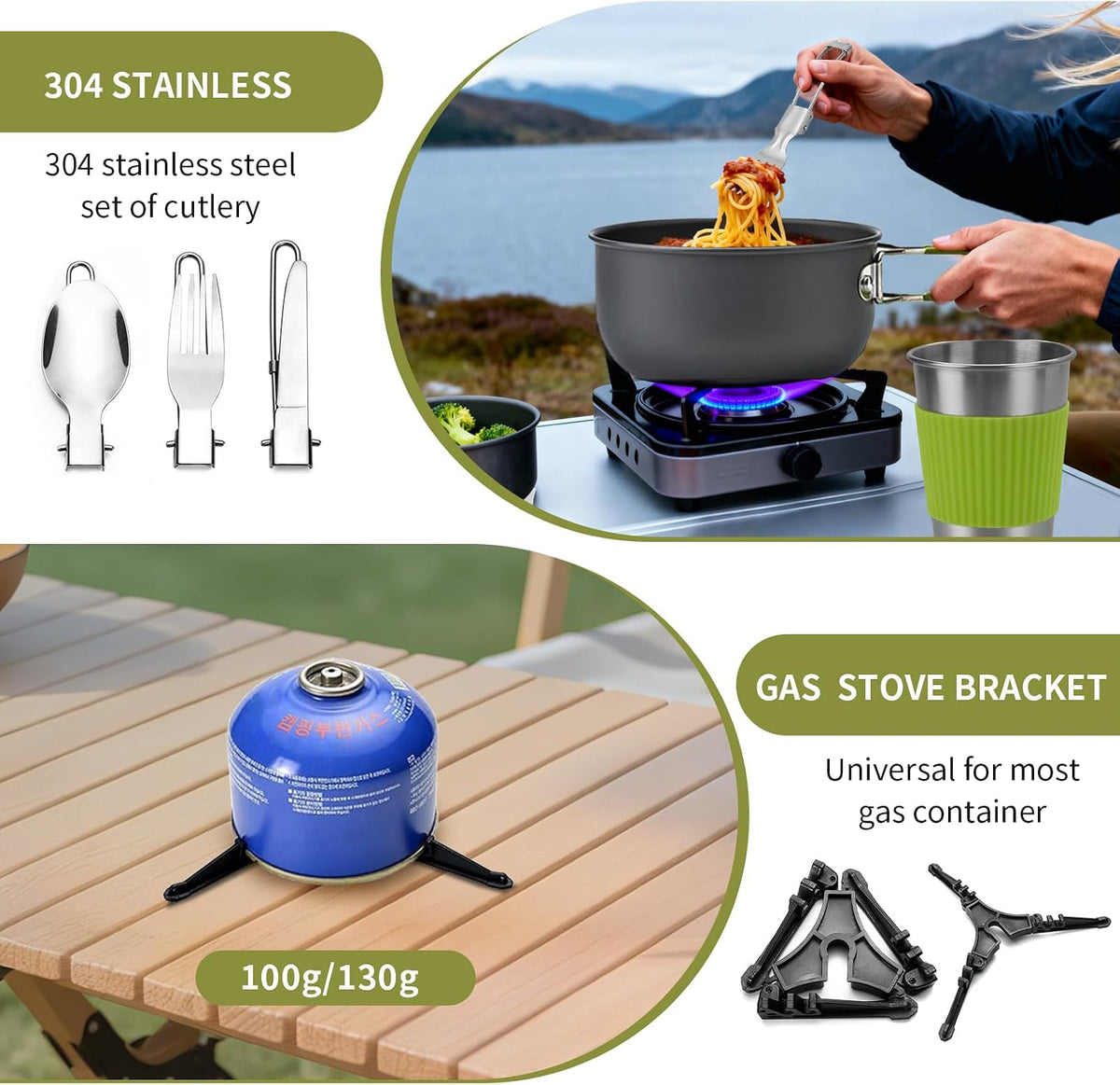 8Pcs Camping Cooking Set for 1-2 People with Pot Cutlery Stove Stand | Lightweight Aluminum Nonstick Cookware, Folding Handles, Nesting Design, Portable for Camping, Picnic, Hiking, Backpacking