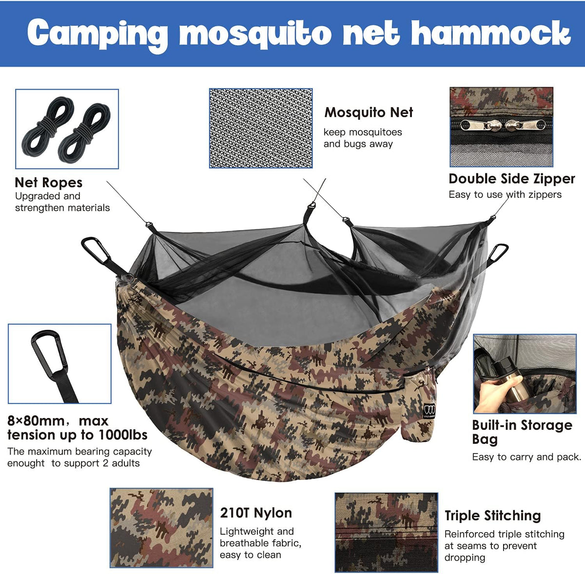 Camping Hammock - Camping Essentials, Double Hammock with Bug Net, Camping Gear Hammock for Outside, Hiking, and Travel (Camouflage)