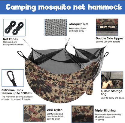 Camping Hammock - Camping Essentials, Double Hammock with Bug Net, Camping Gear Hammock for Outside, Hiking, and Travel (Camouflage)