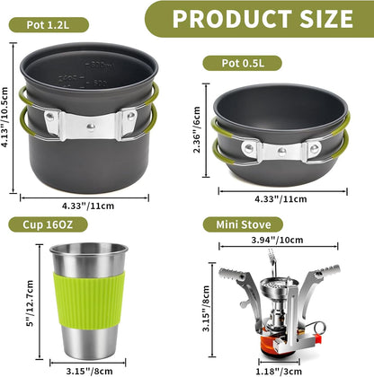 8Pcs Camping Cooking Set for 1-2 People with Pot Cutlery Stove Stand | Lightweight Aluminum Nonstick Cookware, Folding Handles, Nesting Design, Portable for Camping, Picnic, Hiking, Backpacking