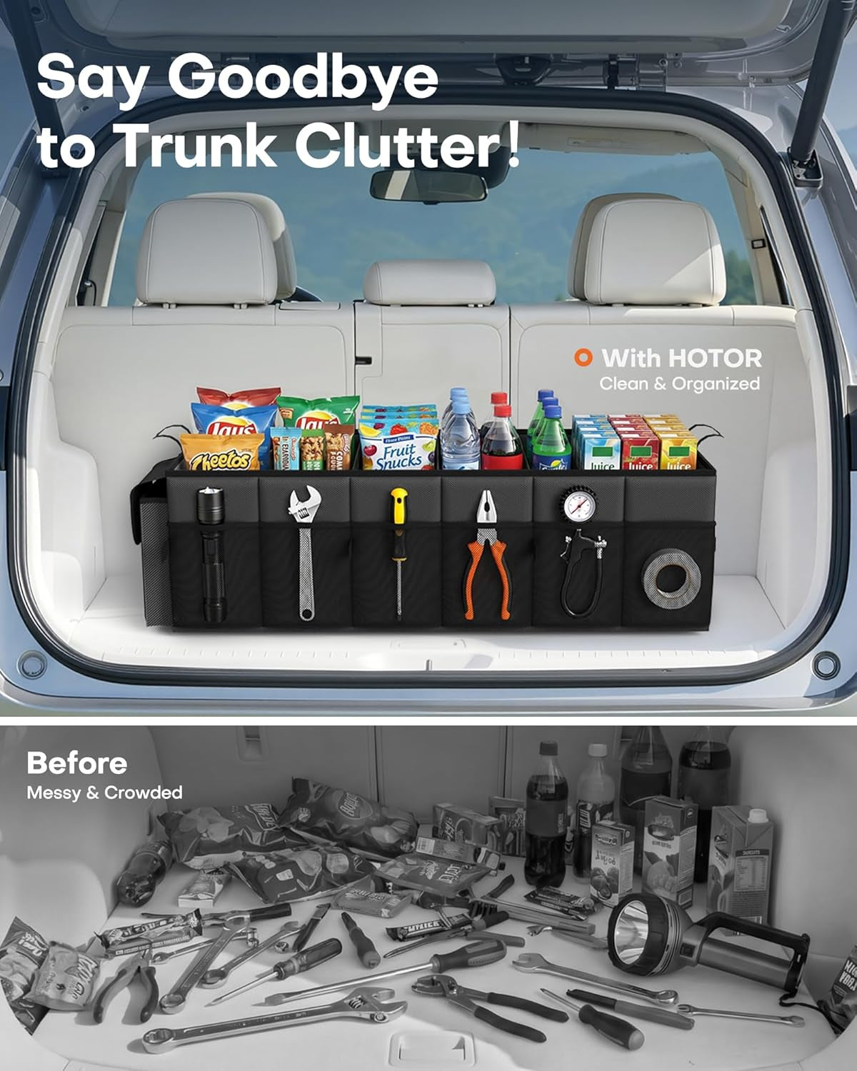 Trunk Organizer, Sturdy Foldable with Cooler for Car, Sudan & SUV | Car Organizers and Storage, Detachable Cooler Bag, for Tools, Camping, 3 Compartments, Black, 31.5” X 12.6” X 10.6”