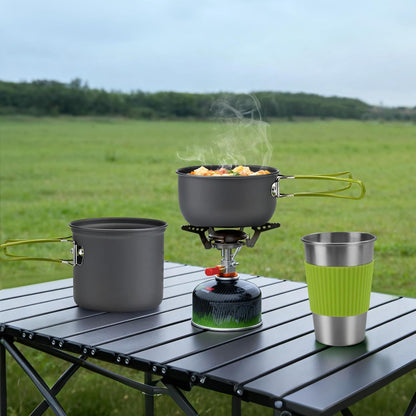 8Pcs Camping Cooking Set for 1-2 People with Pot Cutlery Stove Stand | Lightweight Aluminum Nonstick Cookware, Folding Handles, Nesting Design, Portable for Camping, Picnic, Hiking, Backpacking