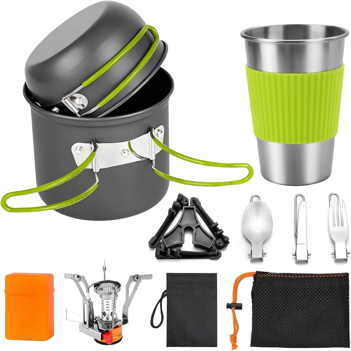 8Pcs Camping Cooking Set for 1-2 People with Pot Cutlery Stove Stand | Lightweight Aluminum Nonstick Cookware, Folding Handles, Nesting Design, Portable for Camping, Picnic, Hiking, Backpacking