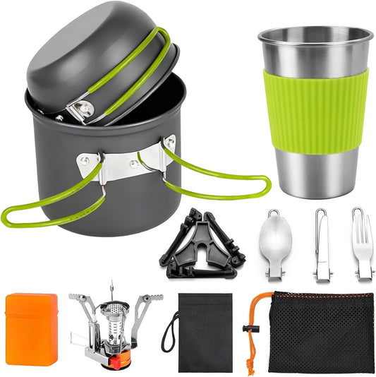 8Pcs Camping Cooking Set for 1-2 People with Pot Cutlery Stove Stand | Lightweight Aluminum Nonstick Cookware, Folding Handles, Nesting Design, Portable for Camping, Picnic, Hiking, Backpacking