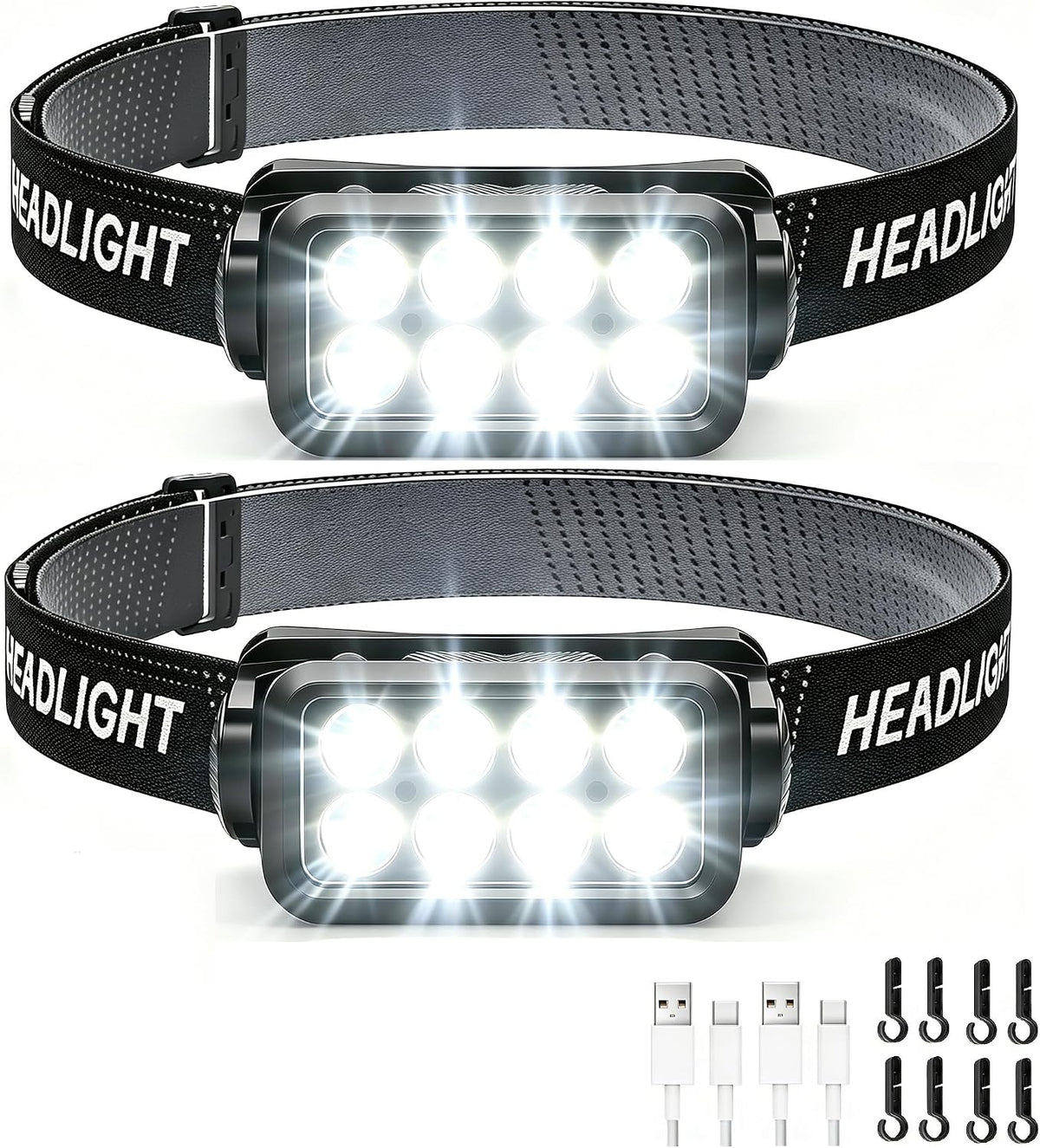 2 Packs LED Rechargeable Headlamp, Motion Sensor 5 Modes White Light Headlight USB C Head Lamp for Hiking, Running, Repairing, Fishing