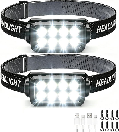 2 Packs LED Rechargeable Headlamp, Motion Sensor 5 Modes White Light Headlight USB C Head Lamp for Hiking, Running, Repairing, Fishing