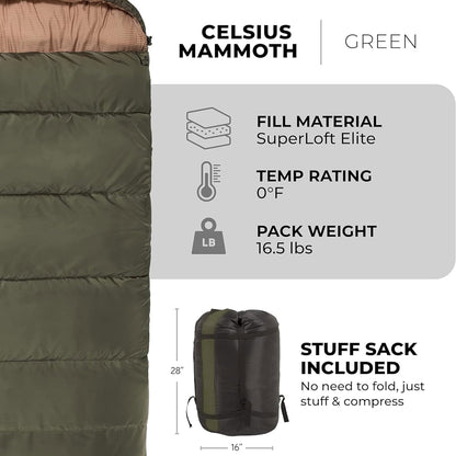 Teton Mammoth Queen Size Double Sleeping Bag- a Warm Bag the Whole Family Can Enjoy – Great for Camping, Hunting and Base Camp. Compression Sack Included